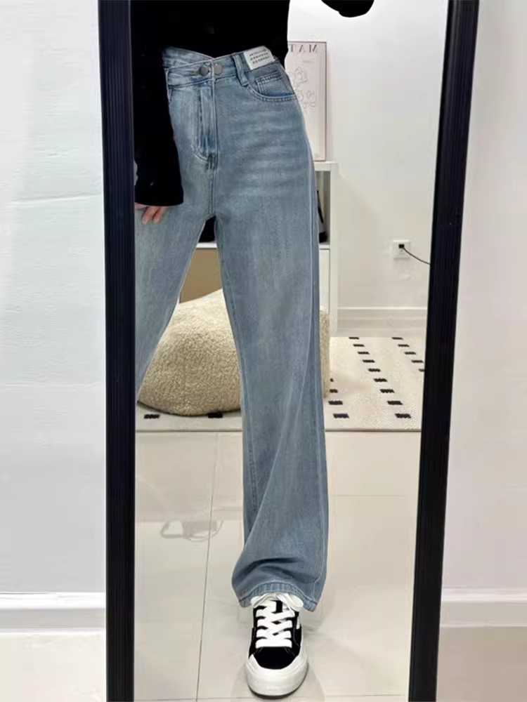 Quần jean ống thẳng màu xanh nhạt dành cho nữ có thân hình hình quả lê, đầu thu, cỡ lớn, cạp cao, quần ống rộng thon gọn