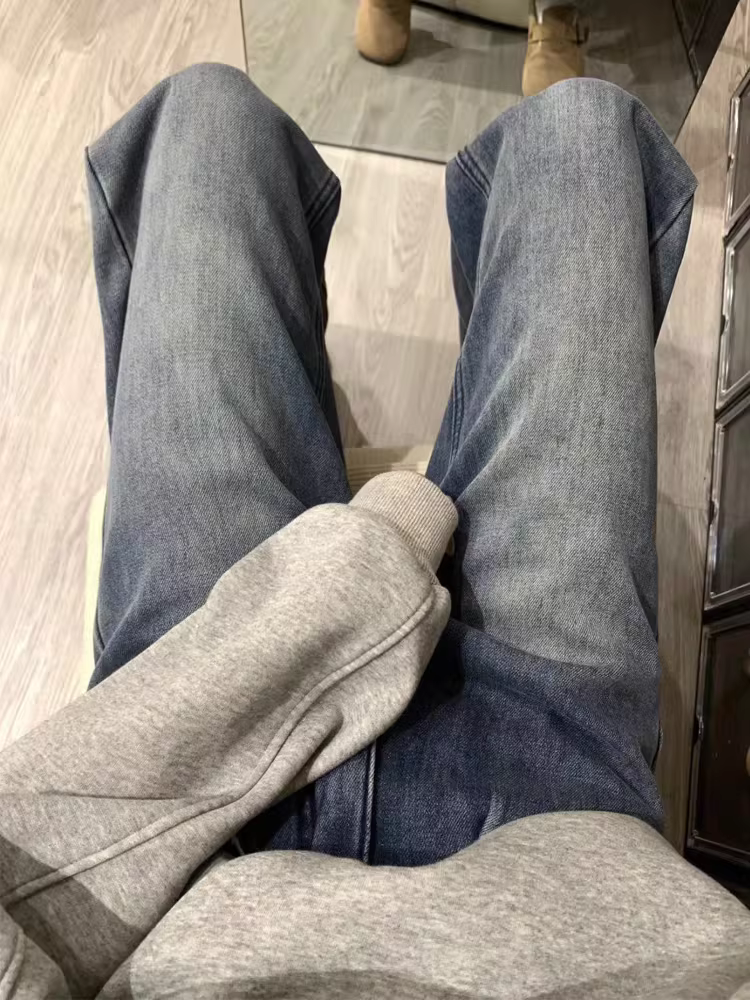 Quần jean ống rộng dày lót lông màu xanh cổ điển dành cho nữ, mùa thu đông, cỡ lớn, cạp cao, che hông, giảm béo, quần ống thẳng hẹp.