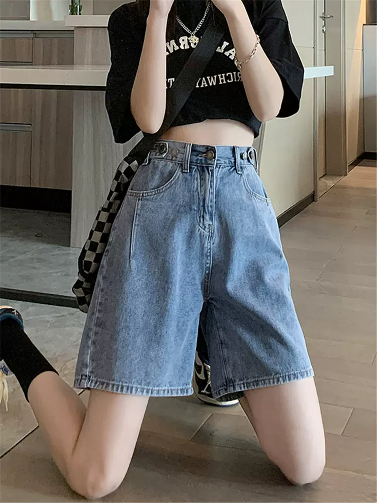 Thân hình quả lê, quần short denim che hông, cỡ lớn mùa hè, lưng cao, thon gọn, rộng rãi, ống rộng, dáng chữ A, quần short dài vừa phải