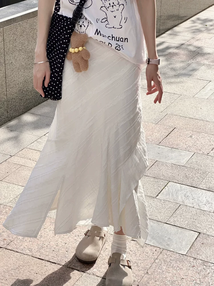 Váy trắng không đều kiểu dáng dành cho nữ, mùa xuân hè, cỡ lớn, lưng cao, che hông, thon gọn, váy đuôi cá chữ A dài vừa phải