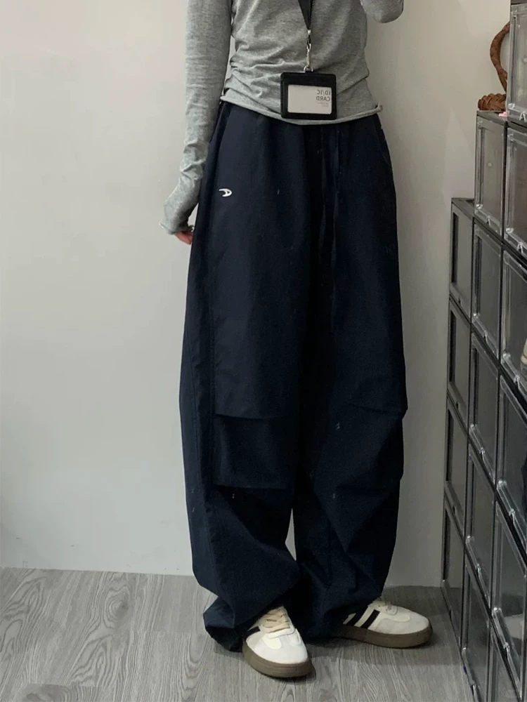 Quần cargo màu xanh hải quân dành cho nữ, mùa thu, cỡ lớn, lưng cao, dáng rộng, giảm béo, dáng quả lê, quần ống rộng thể thao thông thường