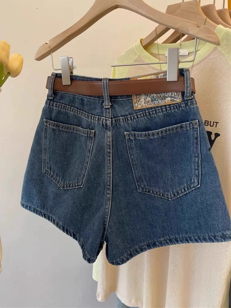 Quần short denim màu xanh cổ điển hình quả lê dành cho nữ, cỡ lớn mùa hè, nhỏ nhắn, lưng cao, quần ống rộng chữ A tôn dáng