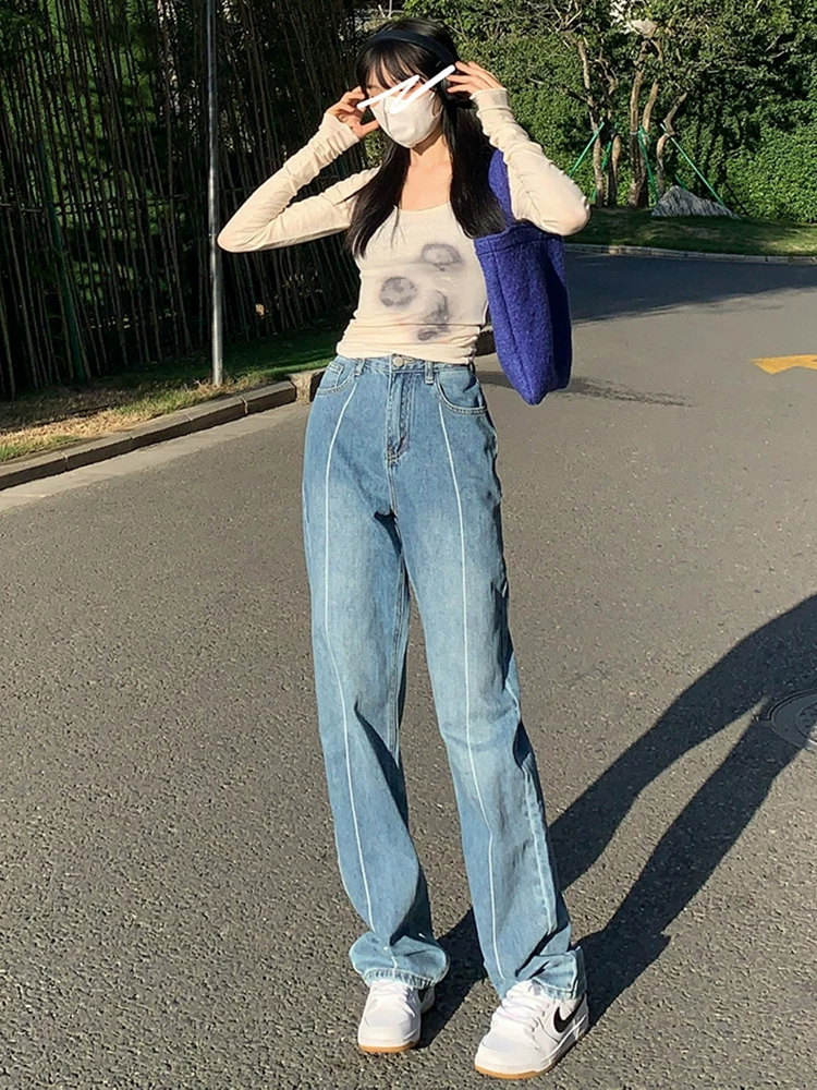 Quần jean nữ cỡ lớn mùa xuân 2022 phong cách Hàn Quốc thiết kế cỡ lớn có đường khâu quần ống rộng dài đến sàn giúp thon gọn eo cao