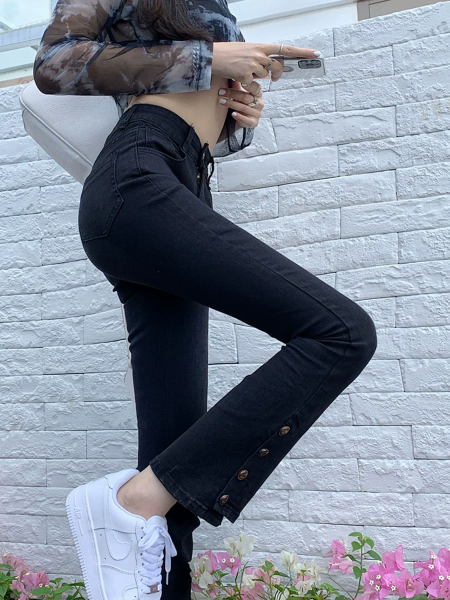 Quần jean dáng chuông xẻ tà dành cho nữ, mùa thu đông, lót lông cừu, size lớn, cạp cao, co giãn, che hông, kiểu dáng quần ống đứng