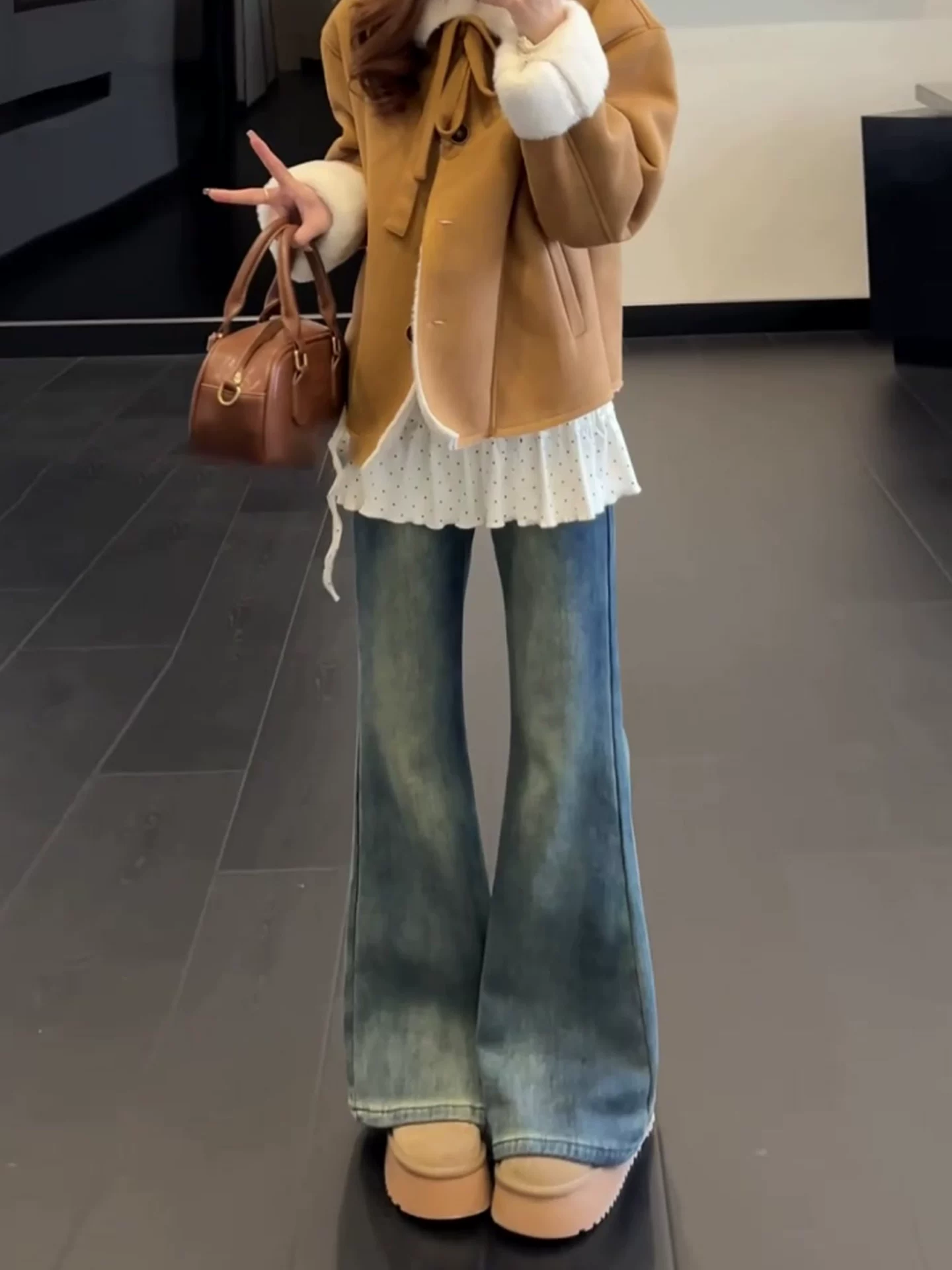 Quần jean ống đứng loe dành cho nữ, lót lông cừu mùa đông, dày dặn, cỡ lớn, cạp cao, co giãn, che hông, dáng quả lê, quần ống loe