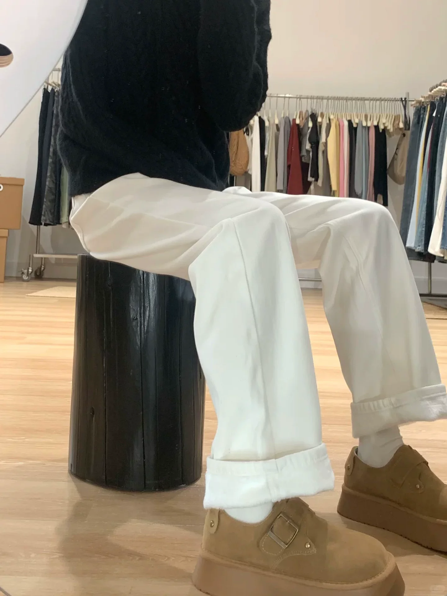 Quần jean ống đứng dày lót lông cừu màu trắng dành cho nữ, cỡ lớn mùa đông, cạp cao, dáng rộng, dáng rộng, che hông, quần ống rộng