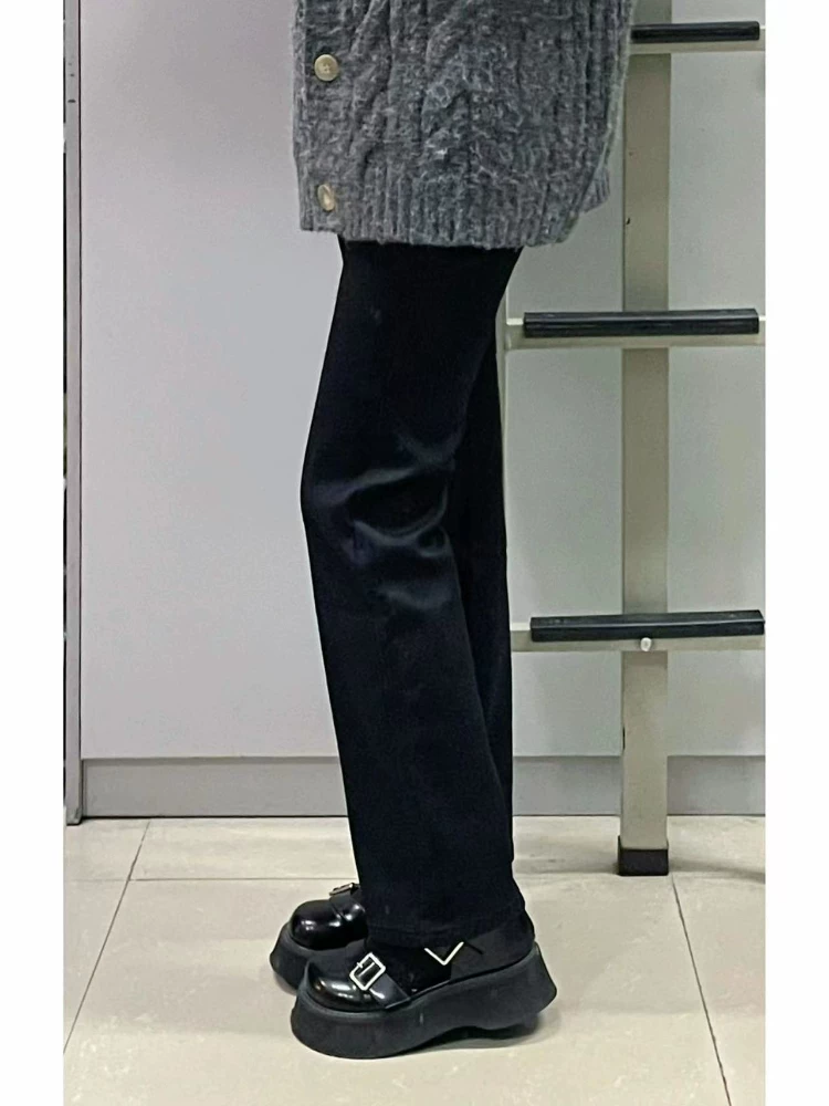 Quần jean ống đứng dáng quả lê dành cho nữ, cỡ lớn, lót lông cừu mùa thu đông, dày dặn, cạp cao, co giãn, che hông.