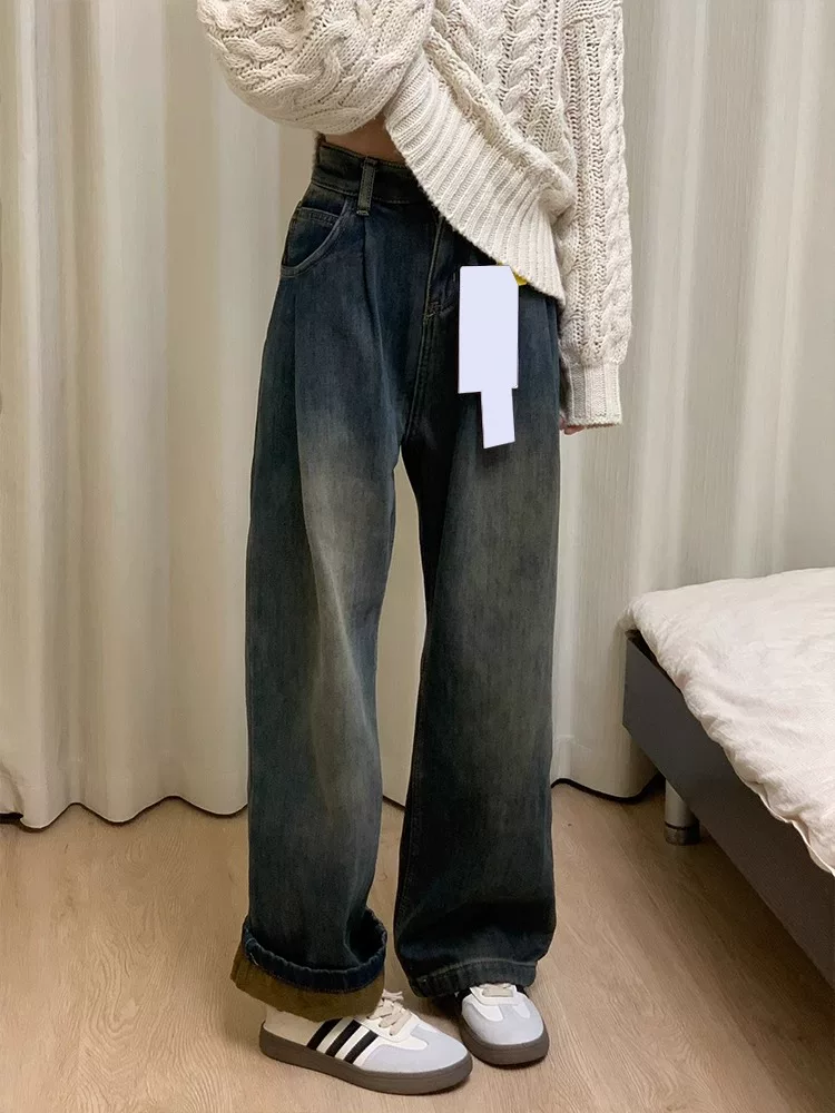 Quần jeans ống đứng dày dặn lót lông cừu cổ điển dành cho nữ mùa thu đông 2024, size lớn, cạp cao, dáng rộng, tôn dáng
