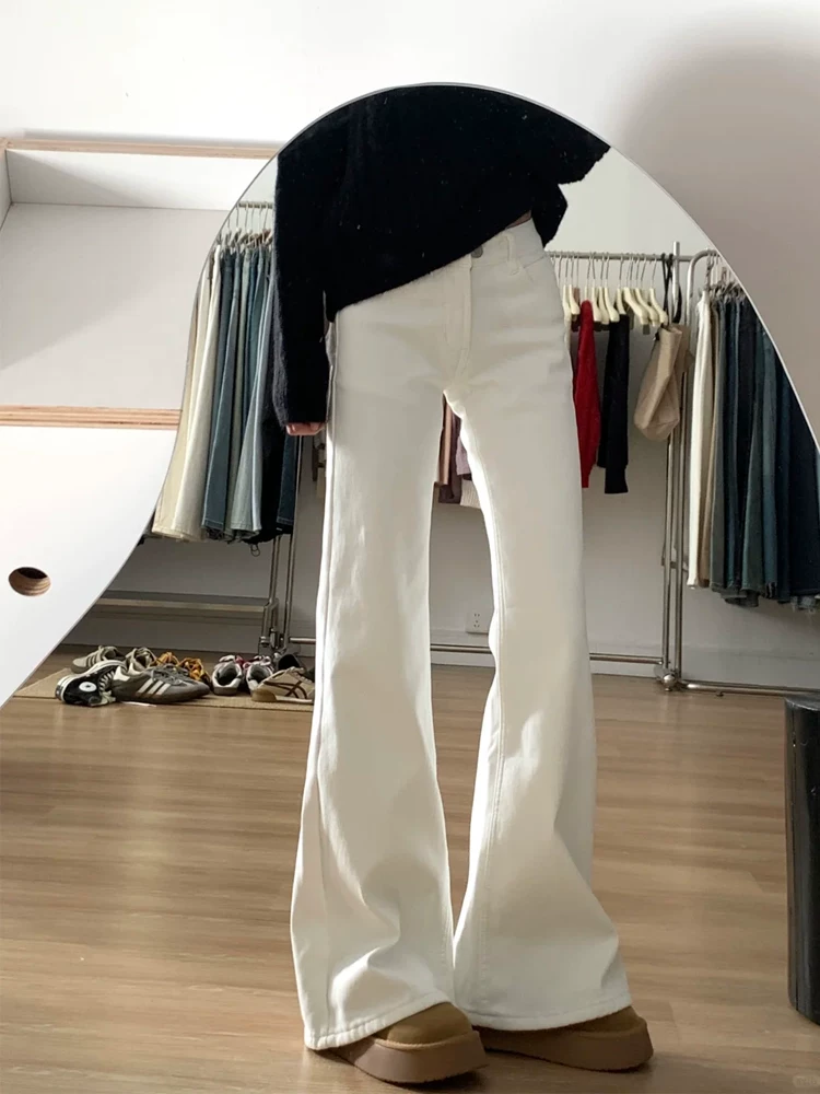 Quần jean ống loe màu trắng dành cho nữ, mùa thu đông, lót lông cừu, dày dặn, cỡ lớn, lưng cao, co giãn, che hông, giảm béo, quần ống chuông.