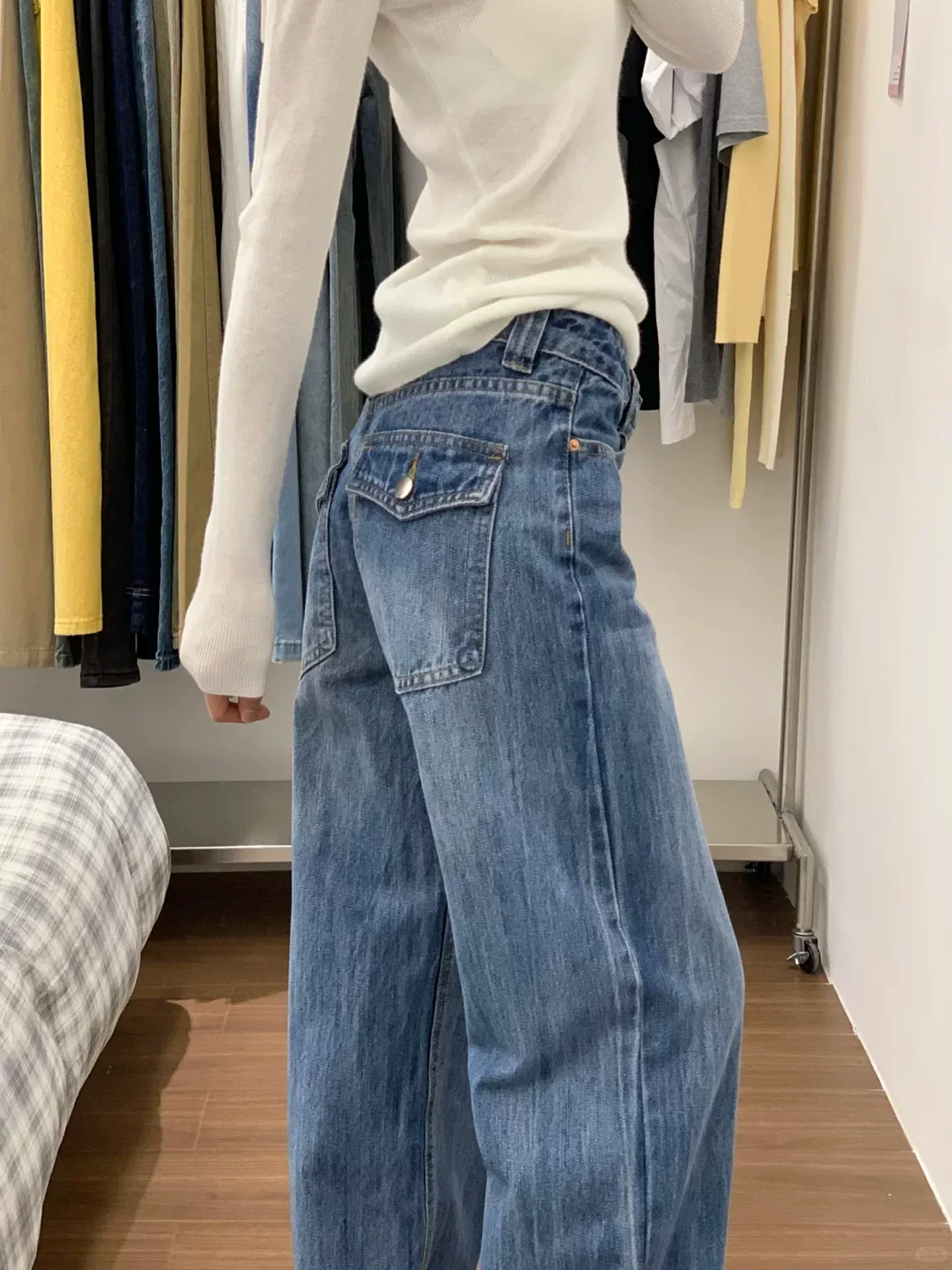 Quần jean ống rộng kiểu Mỹ dành cho nữ, đầu thu, cỡ lớn, thiết kế tinh tế, lưng cao, dáng rộng, tôn dáng, thân hình quả lê, quần ống thẳng