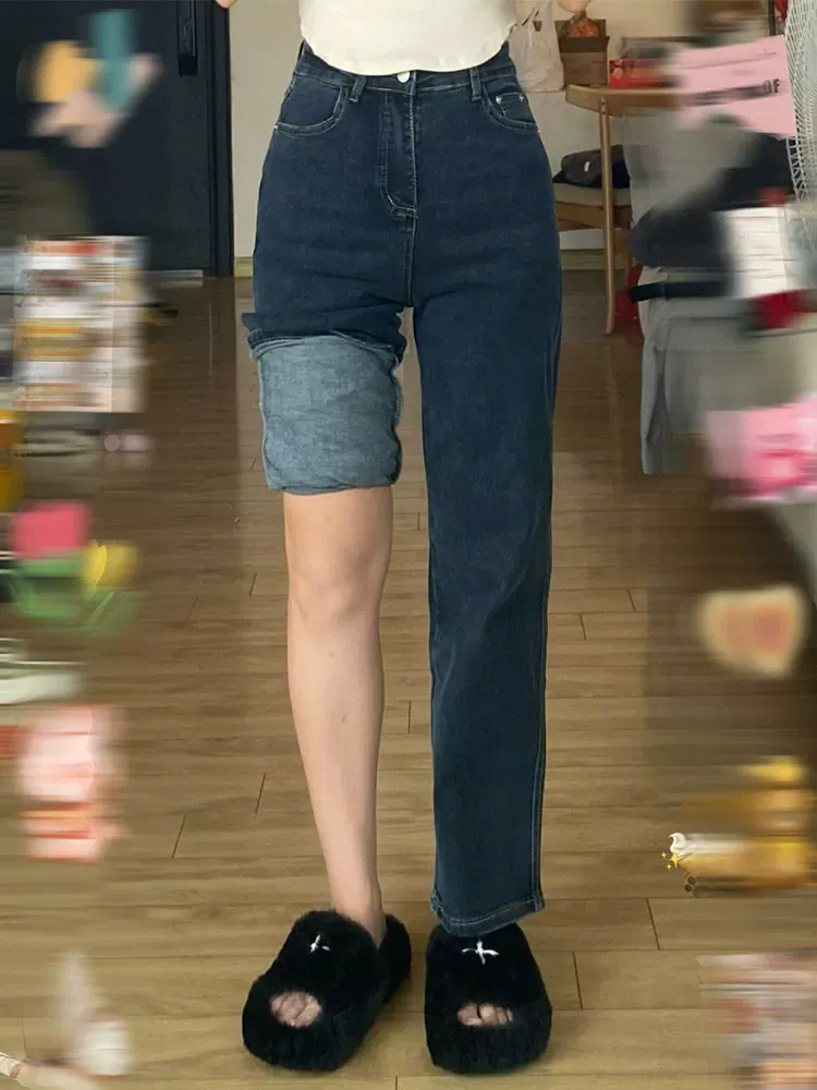 Quần jean ống đứng dáng quả lê cỡ lớn dành cho nữ, lót lông cừu mùa thu đông, quần thuốc lá rộng lưng cao nhỏ nhắn che hông.