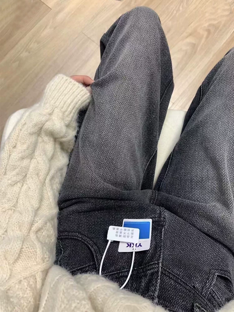 Quần jean ống đứng màu đen và xám dành cho nữ, mùa thu đông, cỡ lớn, lót lông cừu, dày dặn, lưng cao, dáng rộng, giảm béo, quần ống rộng.