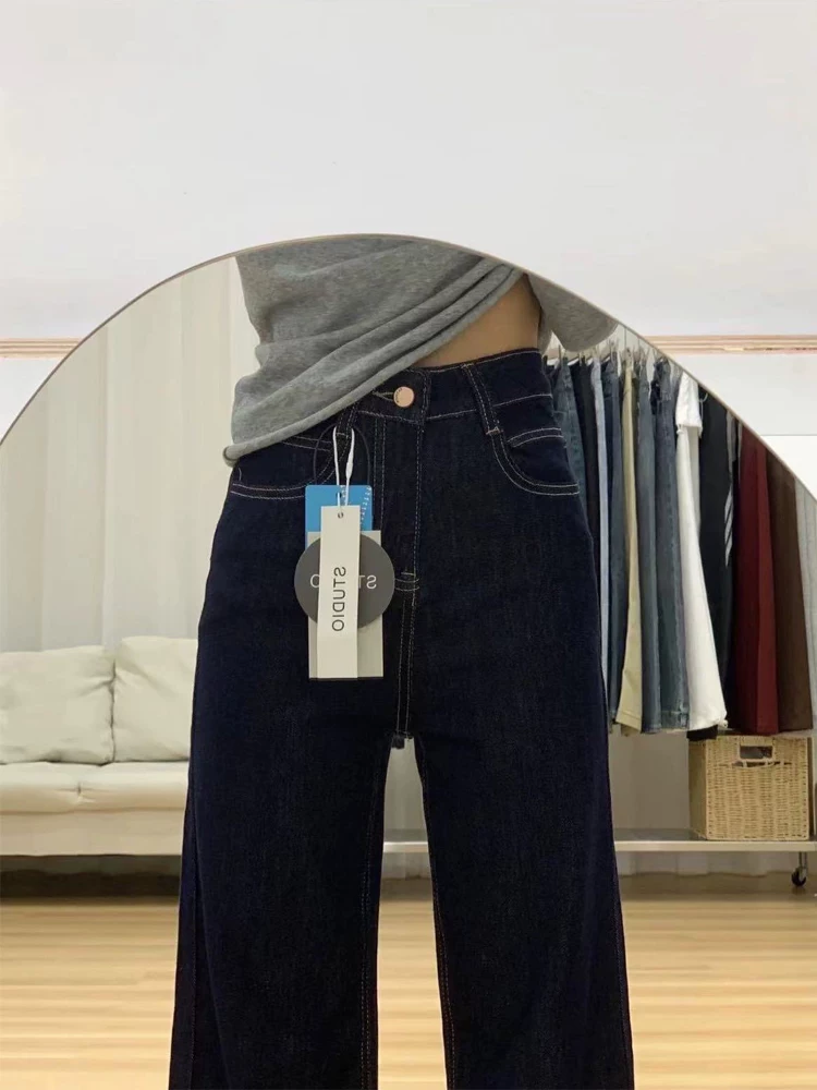 Quần jean ống thẳng màu xanh denim dành cho nữ, kiểu dáng mùa thu mới, cỡ lớn, lưng cao, dáng rộng, mềm mại, tôn dáng, quần ống rộng hẹp.