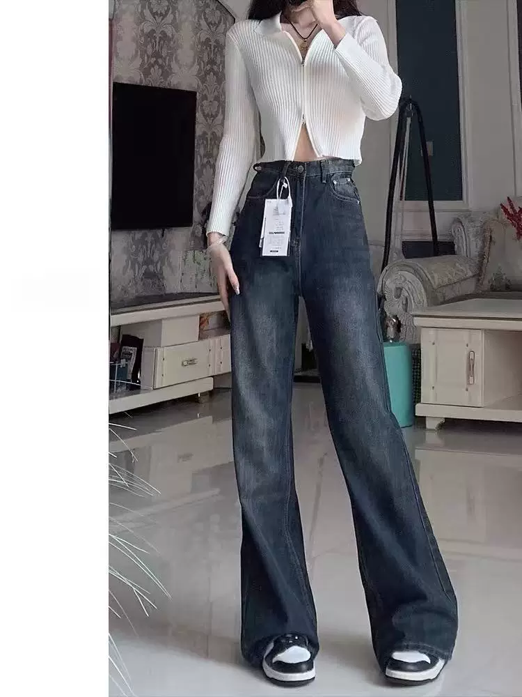 Quần jean xanh vintage dáng loe dành cho nữ, phong cách đầu xuân, size lớn, cạp cao, rộng rãi, tôn dáng, dáng thẳng, ống rộng, dài chạm sàn.