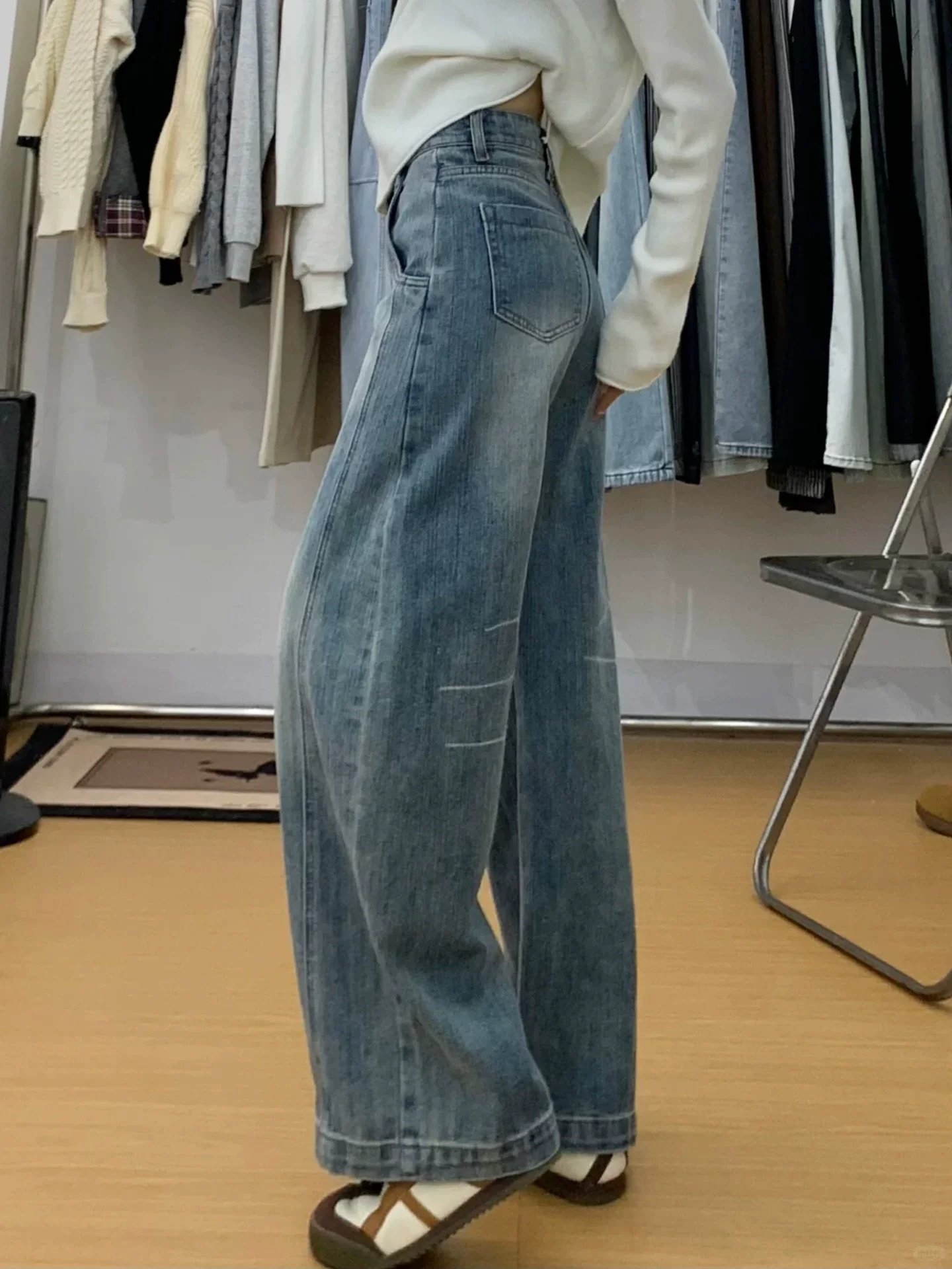 Quần jean cổ điển kiểu Mỹ dành cho nữ, phong cách mùa thu mới, cỡ lớn, lưng cao, giảm béo, kiểu dáng hẹp, quần ống rộng hình kiếm