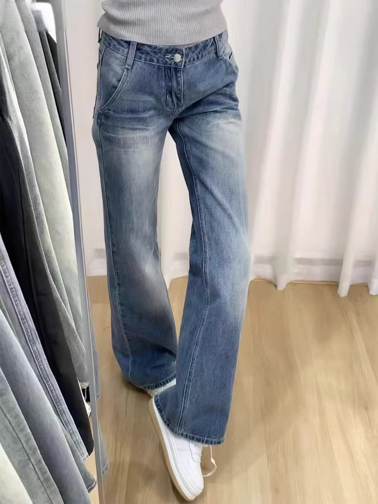 Quần jean ống đứng kiểu Mỹ cổ điển dành cho nữ, phong cách mùa thu mới, cỡ lớn, lưng cao, che hông, giảm béo, quần ống rộng hẹp.