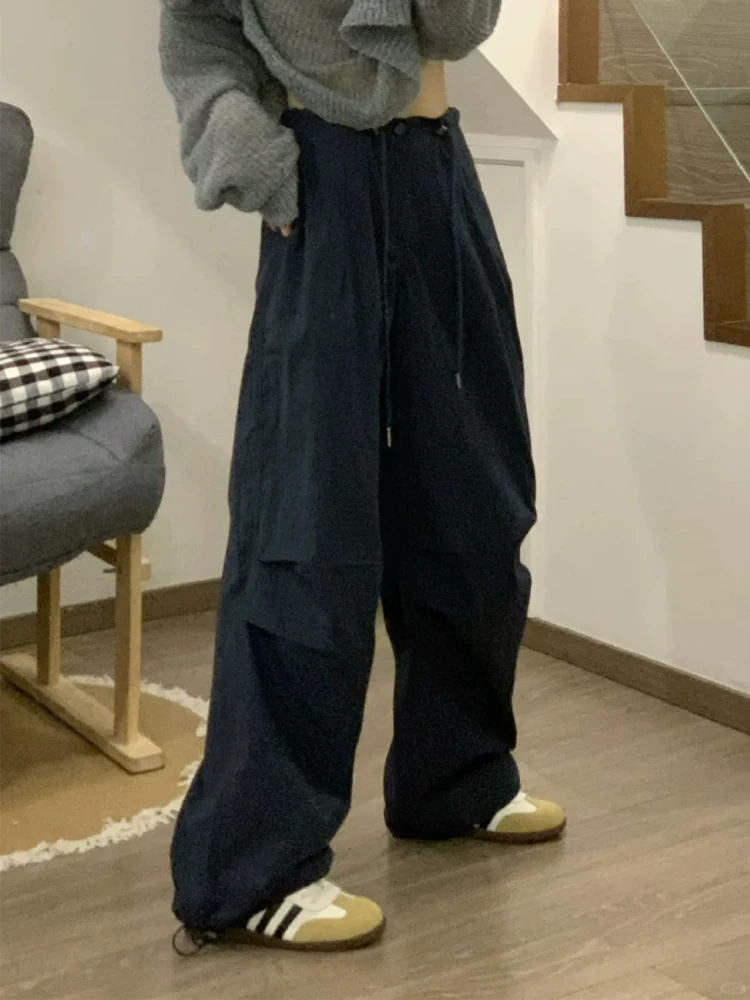 Quần cargo ống rộng màu xanh hải quân dành cho nữ, kiểu dáng mỏng mùa hè, cỡ lớn, lưng cao, giảm béo, dáng quả lê, quần thể thao thông thường