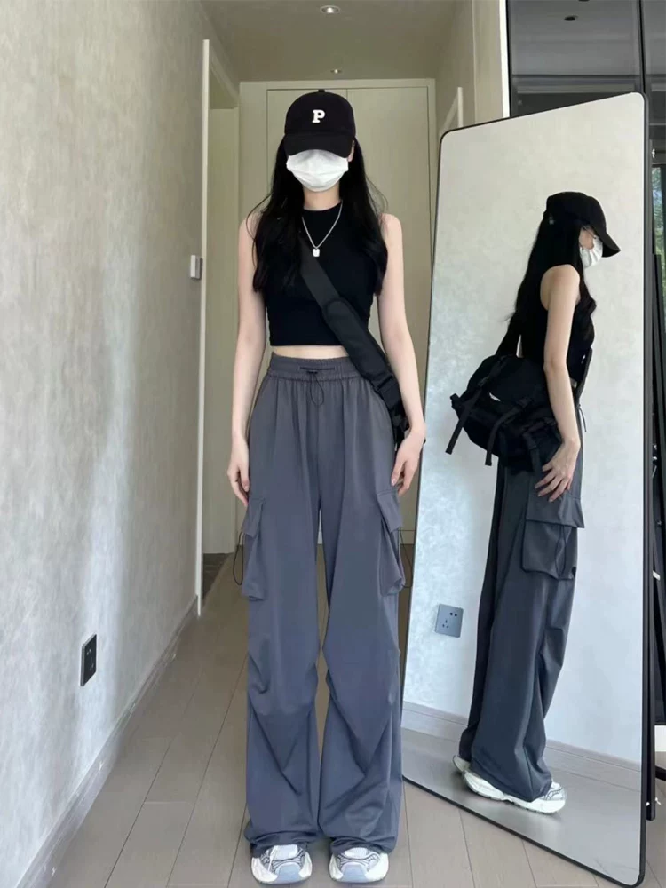 Quần cargo dáng lê dành cho nữ, kiểu dáng mùa hè mới, cỡ lớn, lưng cao, rộng rãi, che hông, tôn dáng, quần ống rộng kiểu jogger, phong cách thường ngày.