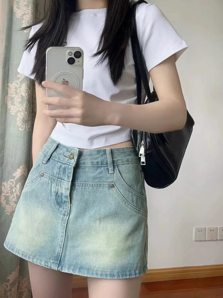 Váy ngắn denim dáng quả lê dành cho nữ, size lớn mùa hè, cạp cao, che bụng, váy nửa thân thon gọn, váy chữ A che hông.