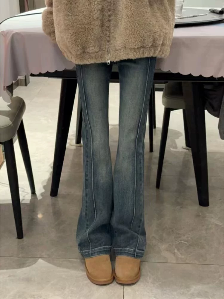 Quần jean dáng quả lê dành cho nữ, cỡ lớn mùa đông, lót lông cừu, dày dặn, cạp cao, co giãn, che hông, quần bootcut tôn dáng