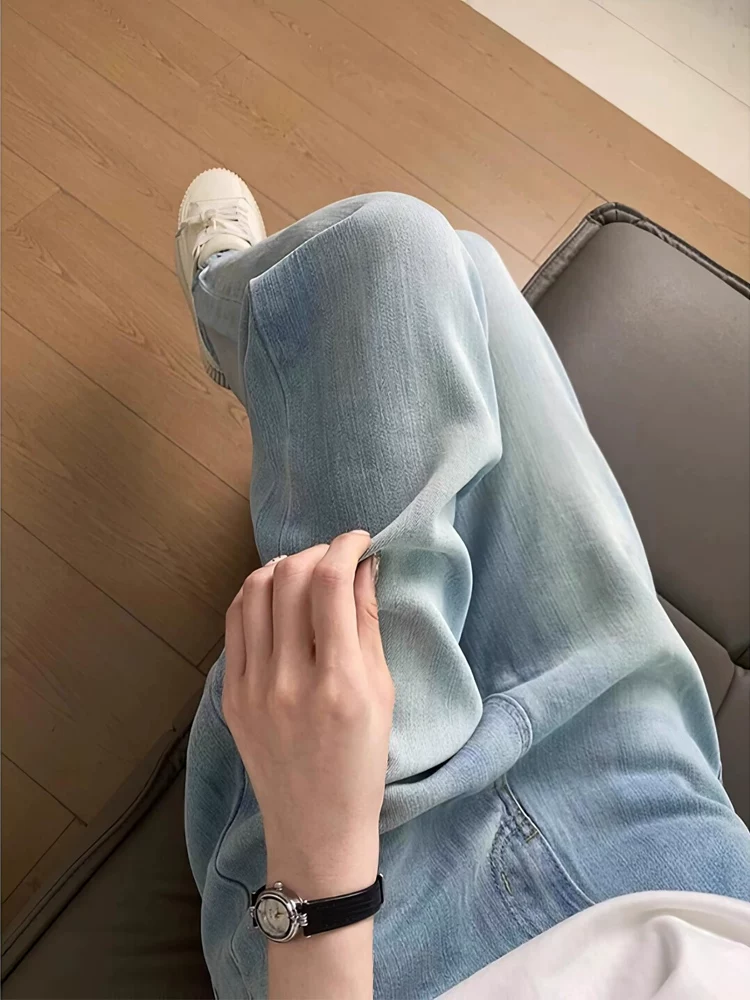 Quần jean Tencel màu xanh nhạt dành cho nữ, size lớn mùa hè, cạp cao, dáng suôn, tôn dáng, mát lạnh như lụa đá, quần ống rộng dáng thẳng