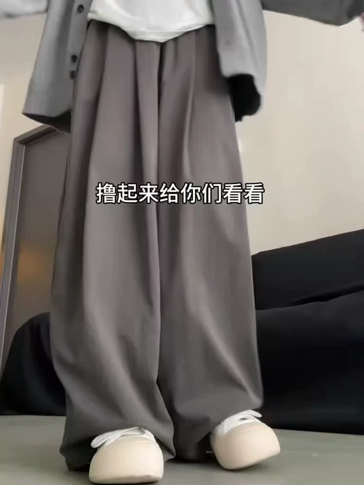 Quần ống rộng màu xám, dáng suông, chất liệu lụa đá Yamamoto, dành cho nữ, mùa hè 2025, size lớn, cạp cao, chất liệu mềm mại, tôn dáng, phong cách thoải mái, kiểu dáng lười biếng.