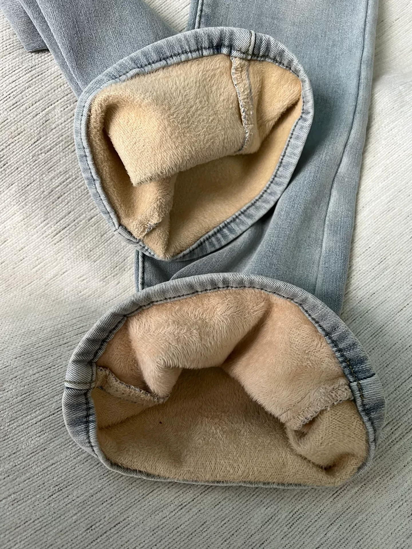 Quần jean xanh nhạt dáng loe dành cho nữ, mùa thu đông, cỡ lớn, lót lông cừu, dày dặn, cạp cao, co giãn, tôn dáng, quần ống loe