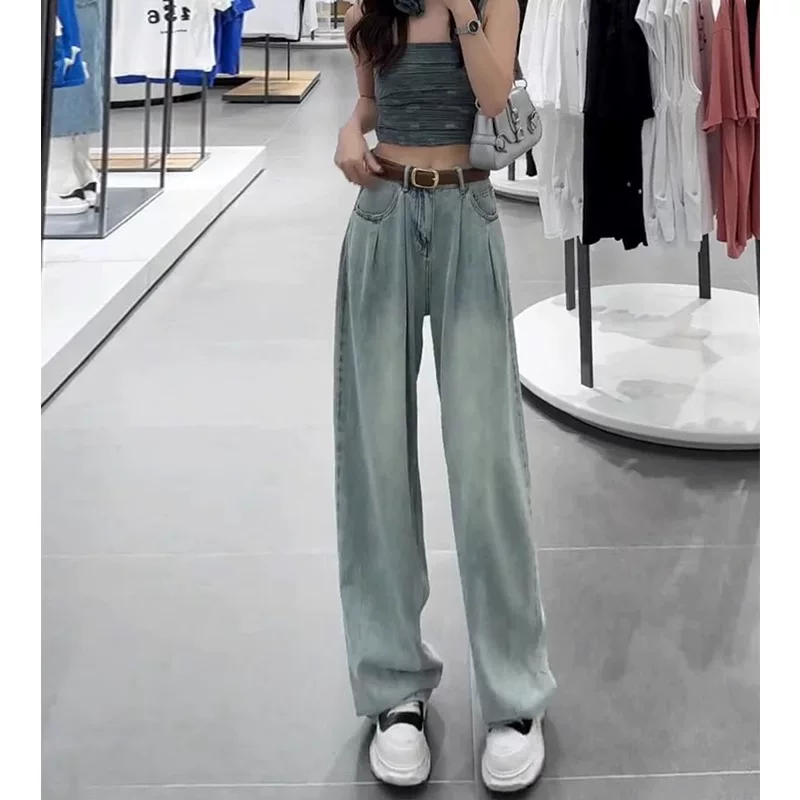 Quần jean Tencel dáng quả lê dành cho nữ, kiểu dáng mỏng mùa hè, cỡ lớn, lưng cao, dáng rộng, thon gọn, kiểu dáng ôm sát, quần ống rộng mềm mại