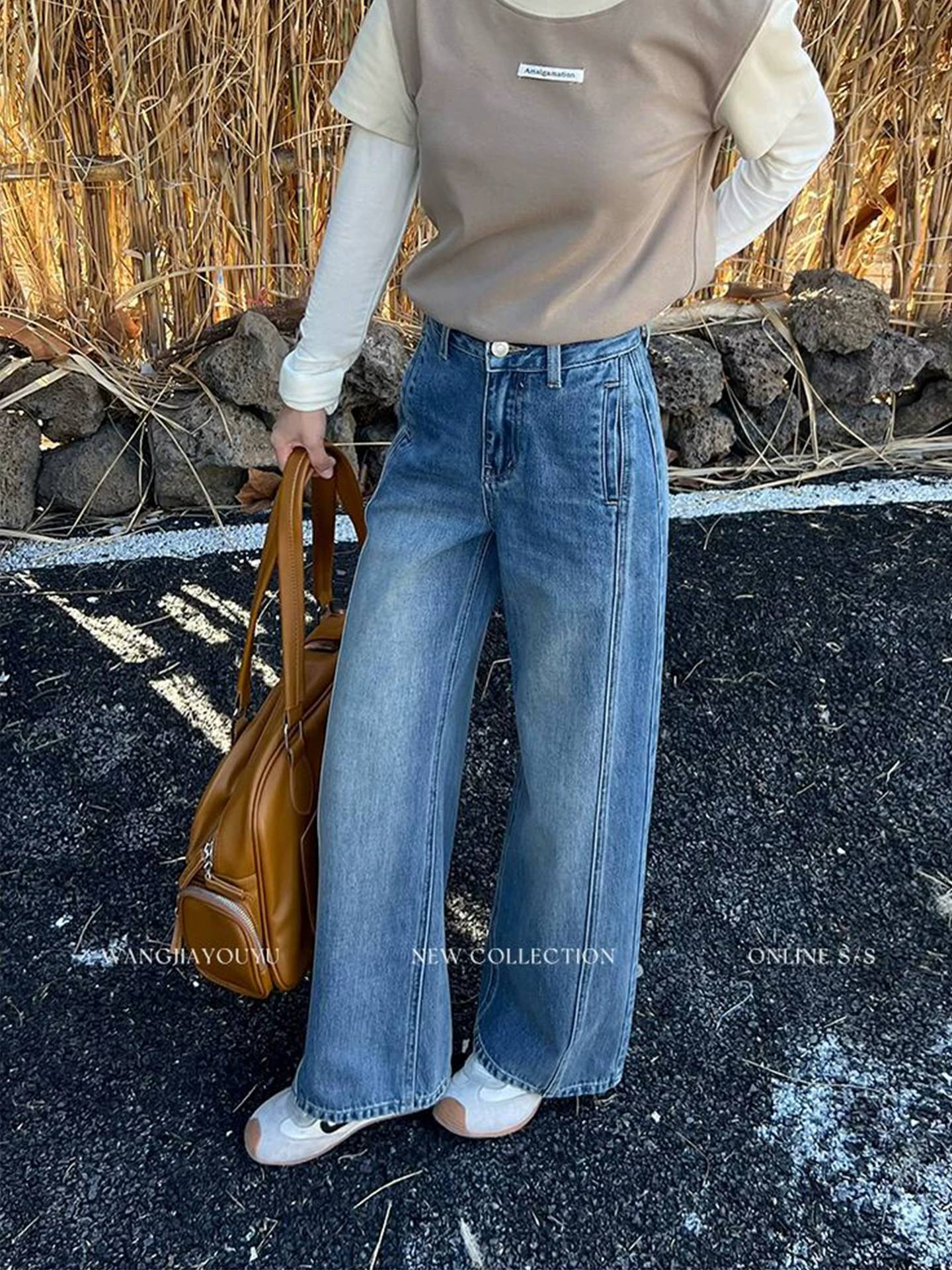 Quần jeans ống rộng vintage nữ, kiểu mới thu đông 2025, size lớn, cạp cao, tôn dáng, dành cho người nhỏ nhắn, quần ống đứng ôm dáng