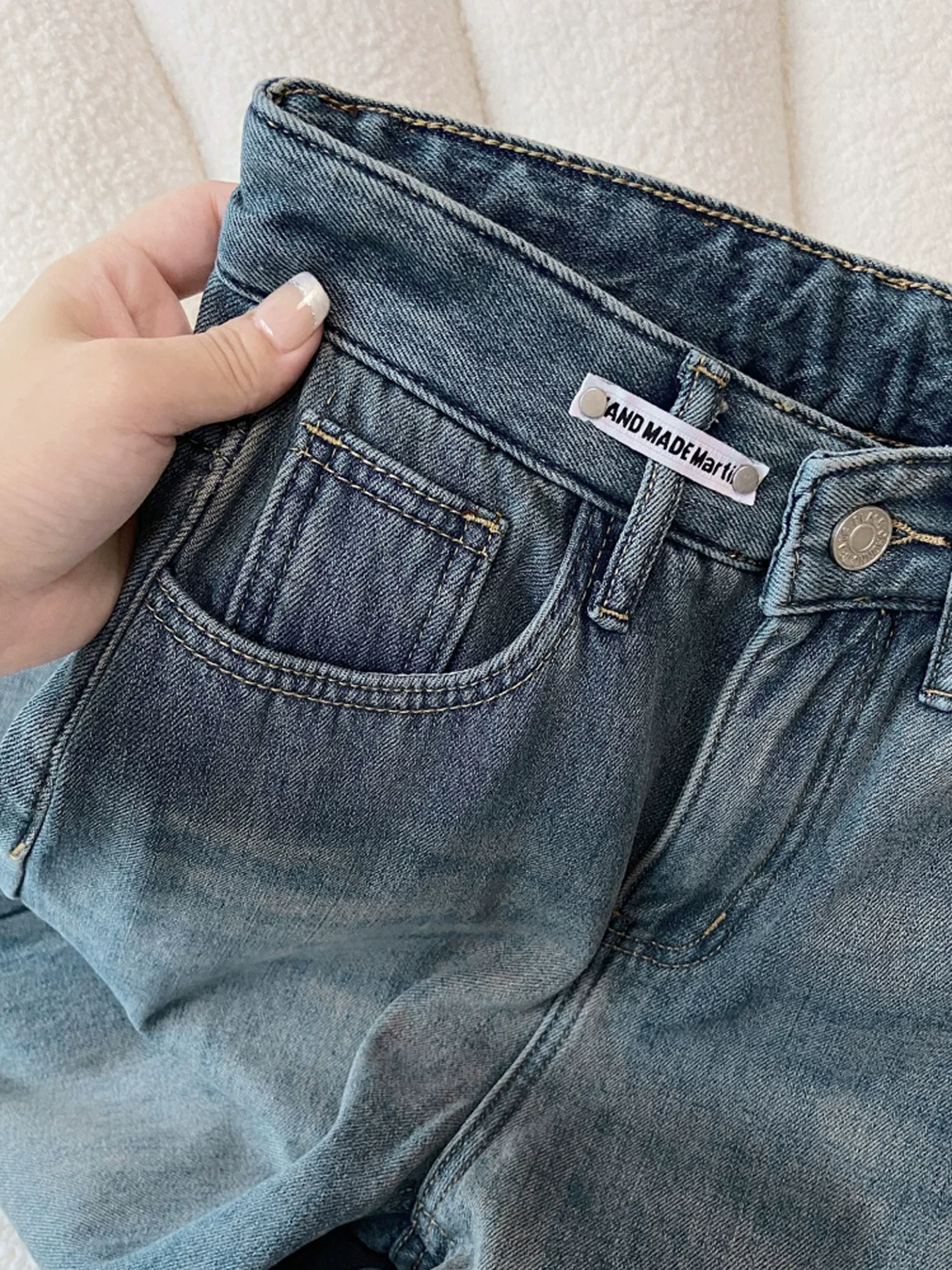 Quần jean ống thẳng dày lót lông màu xanh lam dành cho nữ, cỡ lớn mùa đông, lưng cao, dáng rộng, thon gọn, dáng quả lê, quần ống rộng