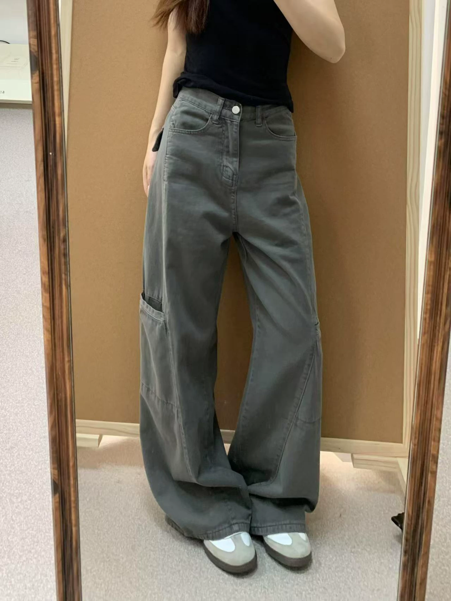 Quần ống rộng màu xám đậm kiểu Mỹ dành cho nữ, mùa thu, cỡ lớn, lưng cao, dáng rộng, dáng quả lê, quần jean ống thẳng