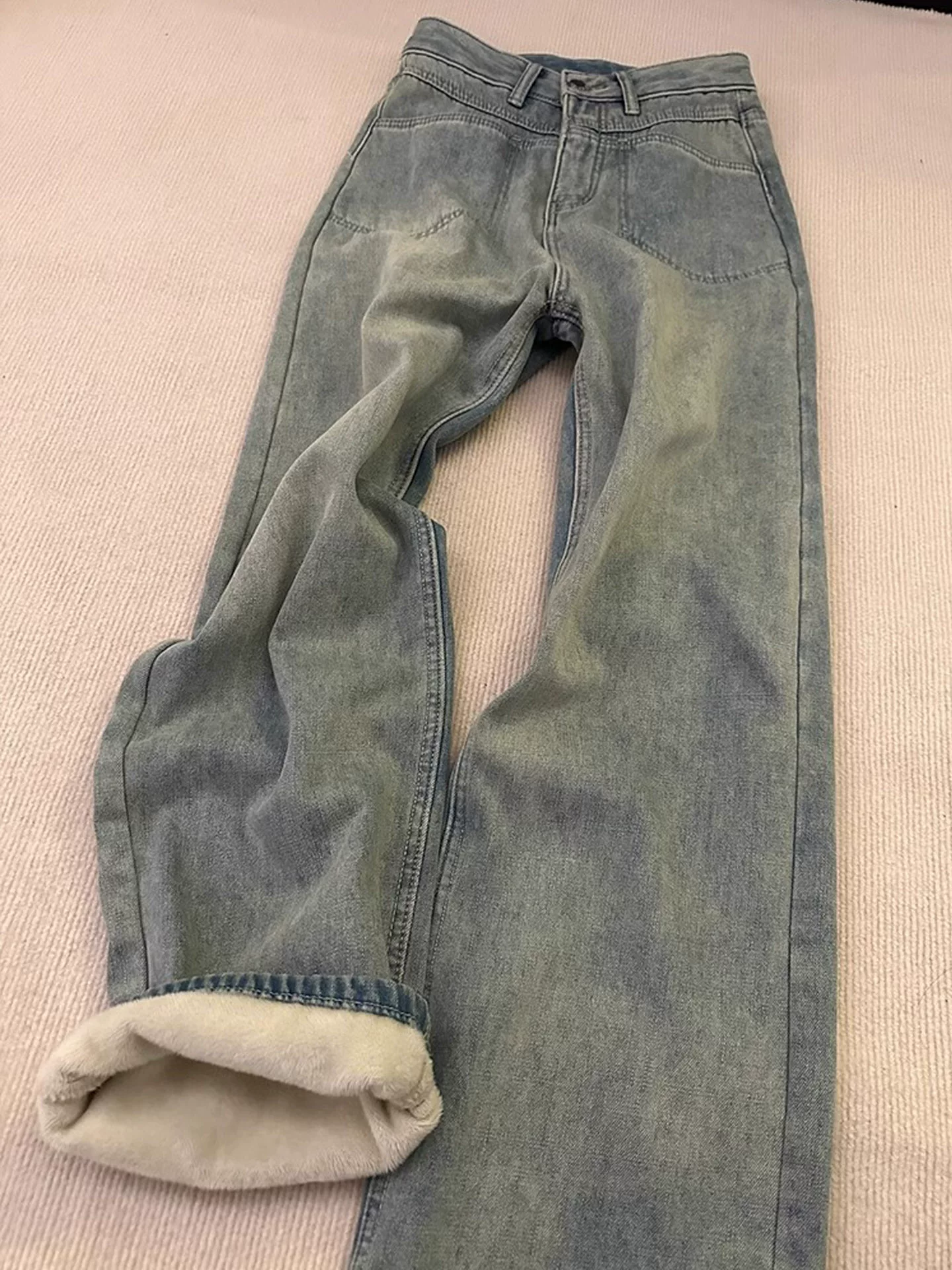 Quần jean ống thẳng dày dặn lót lông cừu dành cho nữ, mùa thu đông, cỡ lớn, lưng cao, dáng rộng, thon gọn, ấm áp, quần ống rộng.