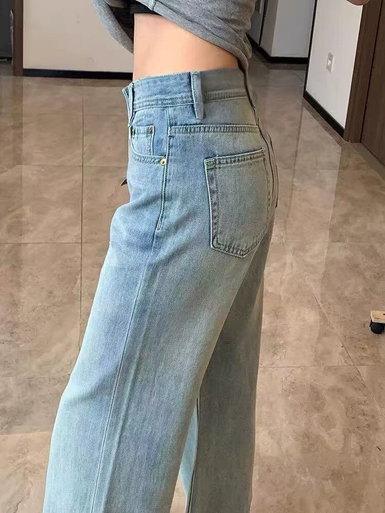 Quần jean Tencel xanh nhạt không bó sát dành cho nữ, cỡ lớn mùa hè, lưng cao, dáng rộng, tôn dáng, quần ống loe