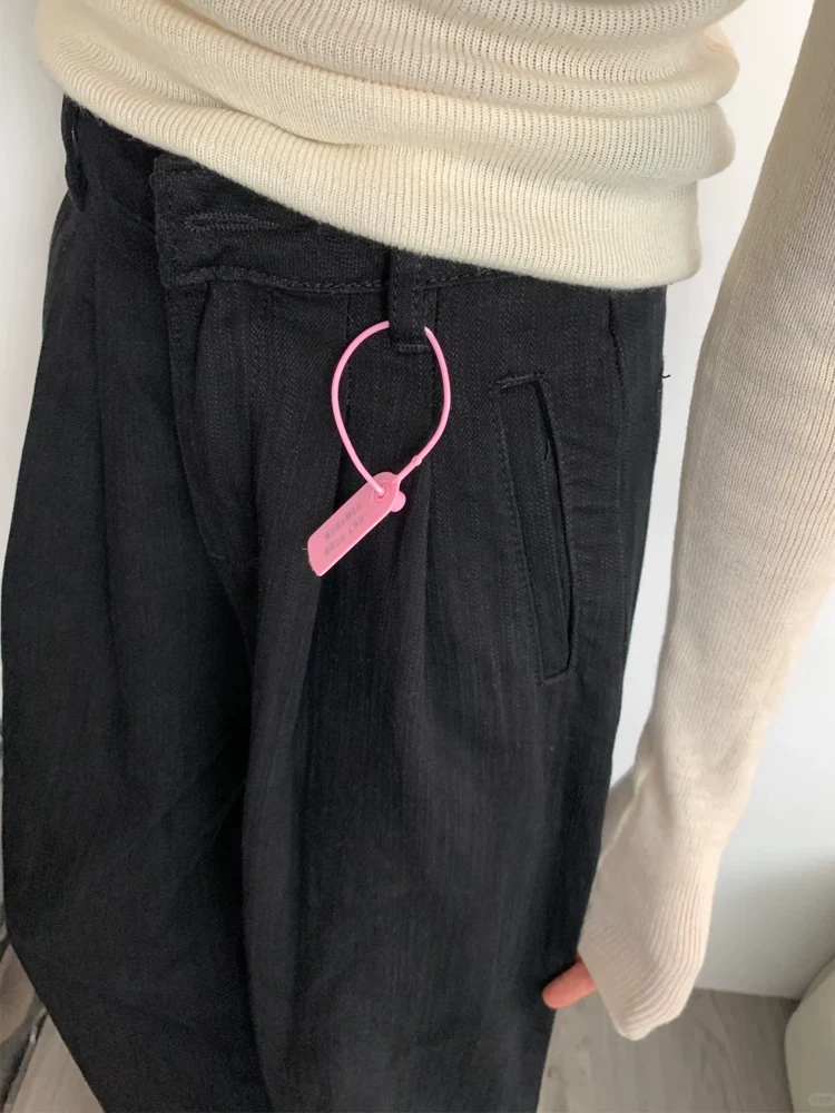 Quần jean đen xếp ly ống rộng cho nữ, mùa thu, cỡ lớn, lưng cao, dáng rộng, che hông, tôn dáng, chất liệu có vân, quần dài chạm sàn