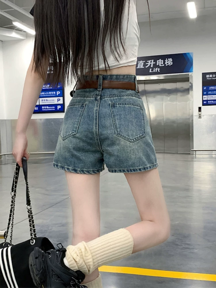 Quần short denim dáng lê dành cho nữ, kiểu dáng mỏng mùa hè, cỡ lớn, lưng cao, dáng rộng, che hông, quần ống rộng chữ A tôn dáng