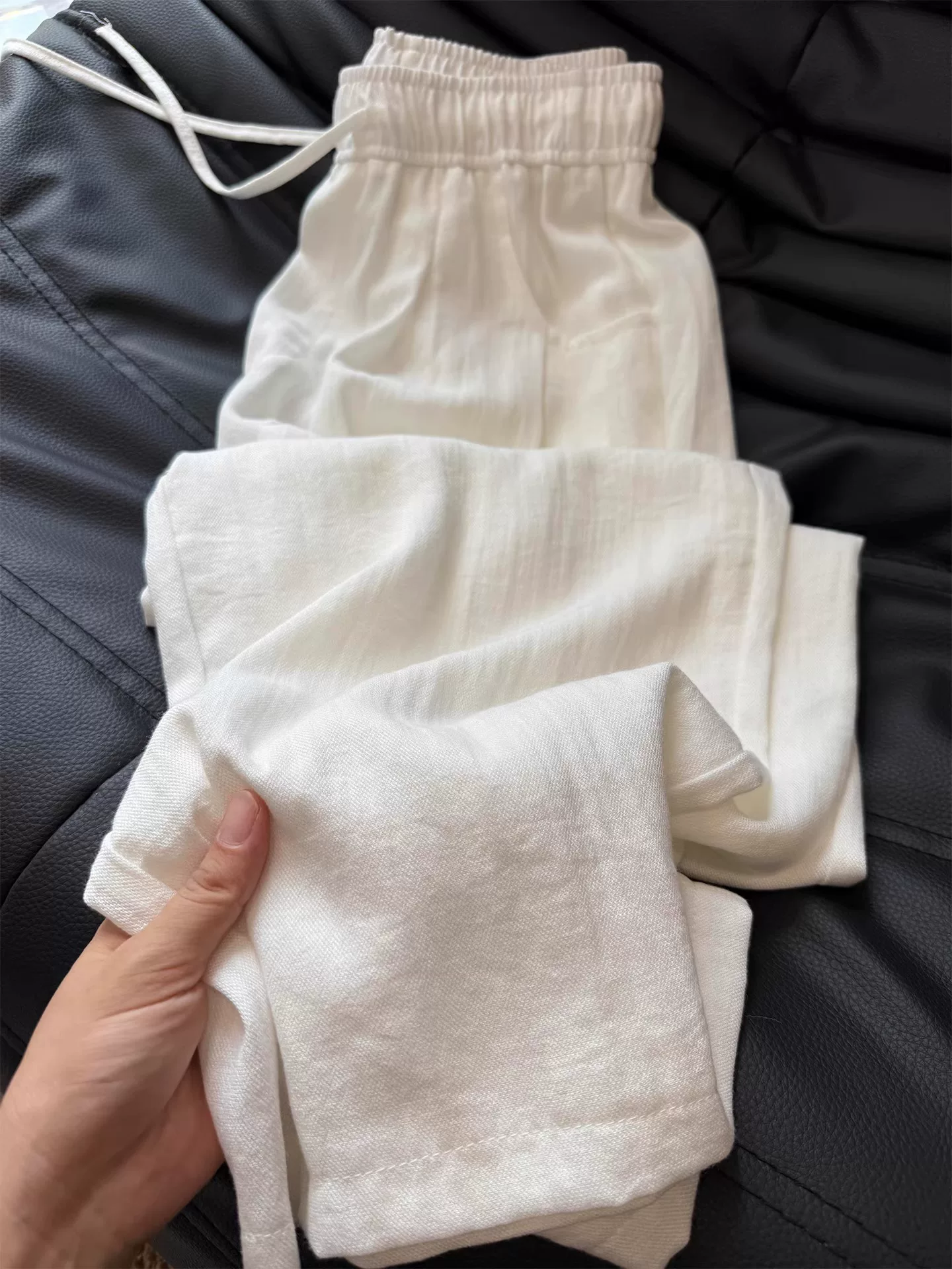 Quần cotton và vải lanh màu trắng dành cho nữ, kiểu dáng mỏng mùa hè, cỡ lớn, lưng cao, dáng rộng, mềm mại, tôn dáng, quần ống rộng bằng vải lanh.