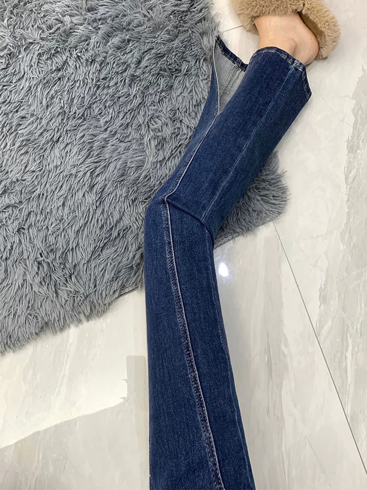 Quần jean dáng chữ lê, xẻ tà hơi rộng dành cho nữ, cỡ lớn, đầu thu, lưng cao, co giãn, che hông, giảm béo, quần ống thẳng