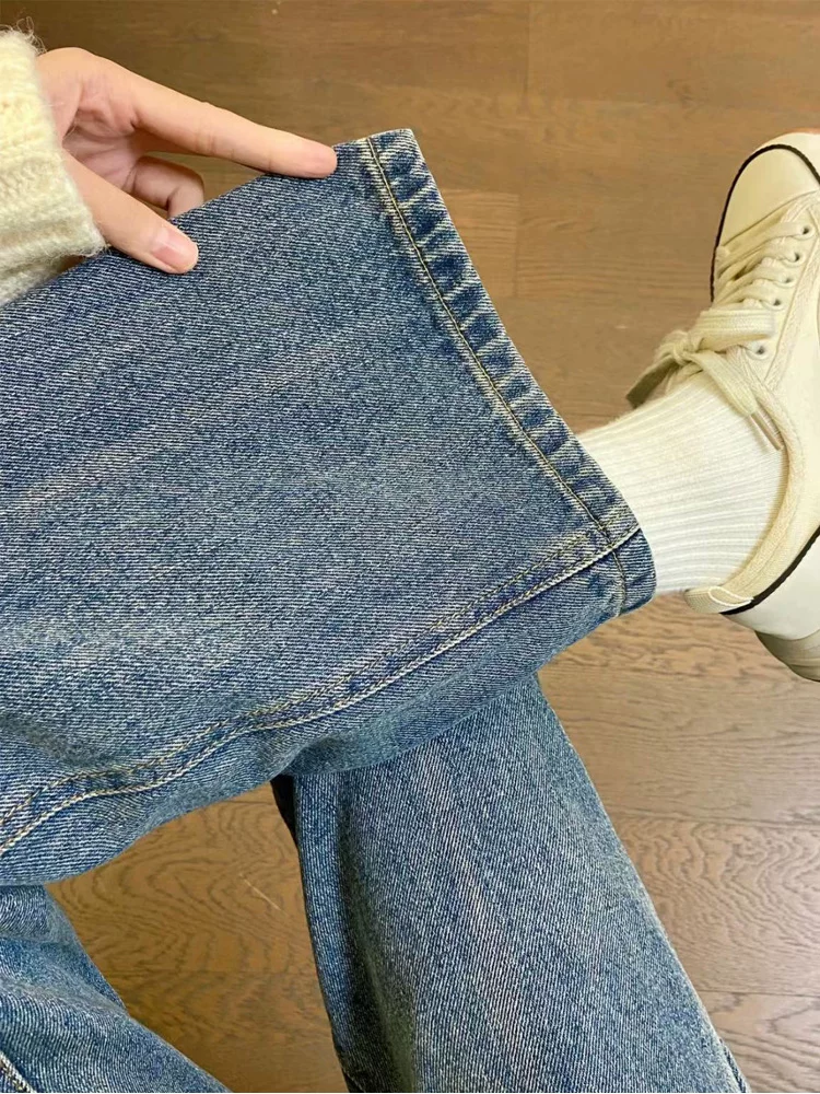 Quần jean ống thẳng dáng quả lê dành cho nữ, cỡ lớn, kiểu dáng mới mùa thu, che hông, lưng cao, dáng rộng, ống rộng, quần dài chạm sàn