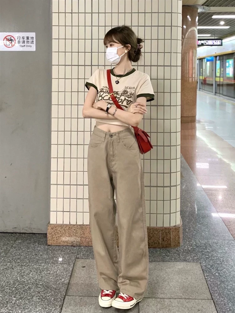 Quần jean ống đứng màu kaki dáng quả lê dành cho nữ, cỡ lớn, lưng cao, dáng rộng, thon gọn, đa năng, ống rộng, quần dài đến sàn