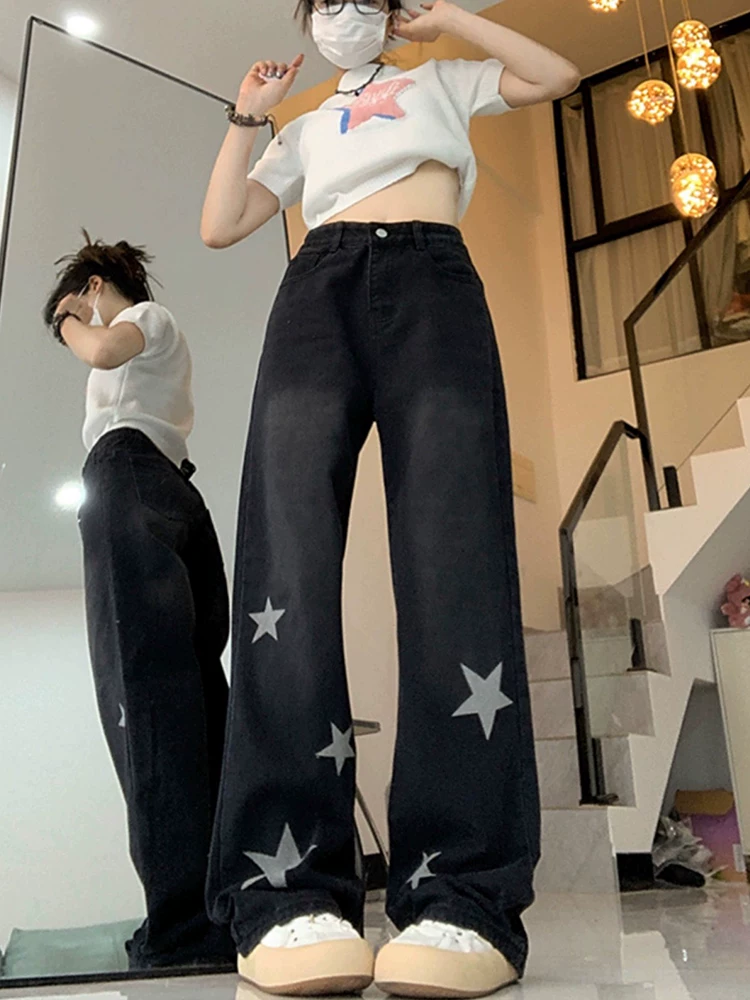Quần jean dáng thẳng thiết kế dáng quả lê dành cho nữ, mặc đầu thu, quần jean ống rộng cạp cao dáng rộng, dáng rộng, cỡ lớn