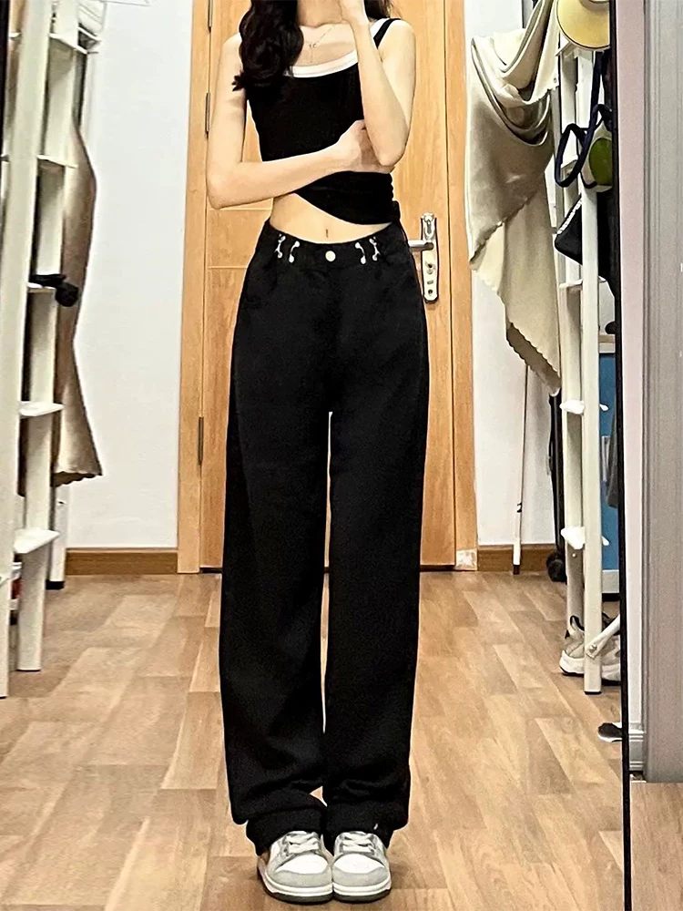 Quần jean Tencel dáng quả lê dành cho nữ, kiểu dáng mỏng mùa hè, size lớn, cạp cao, chất liệu lụa đá, quần ống rộng dài chạm sàn