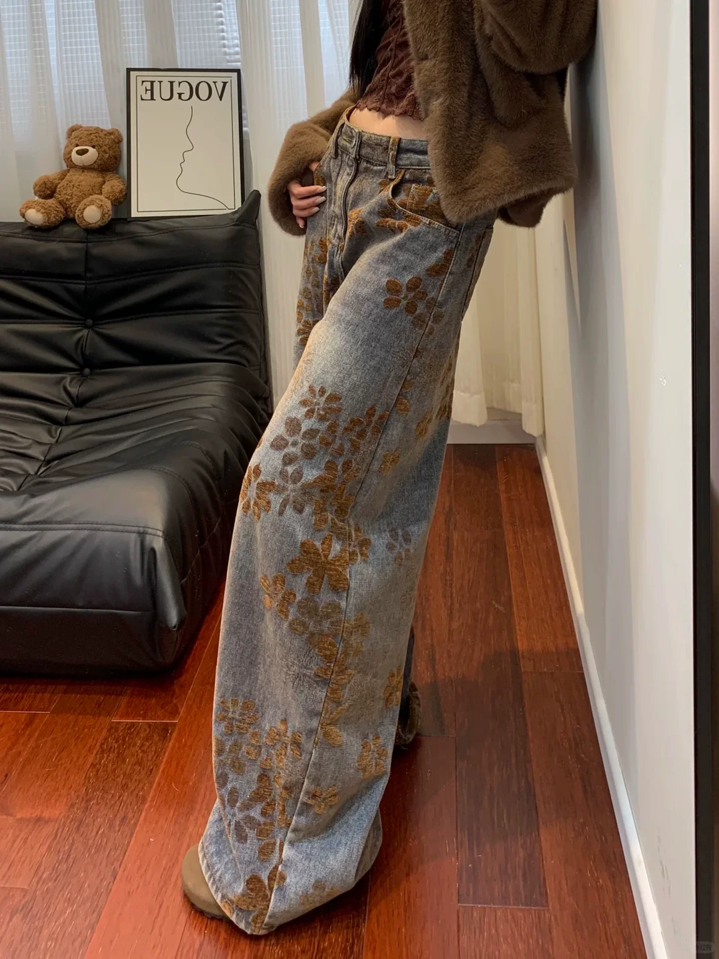 Quần jean ống rộng kiểu cổ điển Mỹ dành cho nữ, phong cách thu đông, cỡ lớn, lưng cao, dáng rộng, mềm mại, quần scimitar tôn dáng.