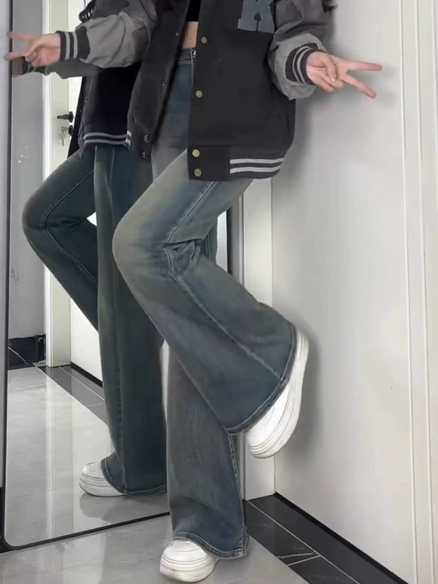 Quần jean ống đứng co giãn lưng cao dành cho nữ, phong cách đầu thu, cỡ lớn, dáng quả lê, che hông, quần ống loe thon gọn