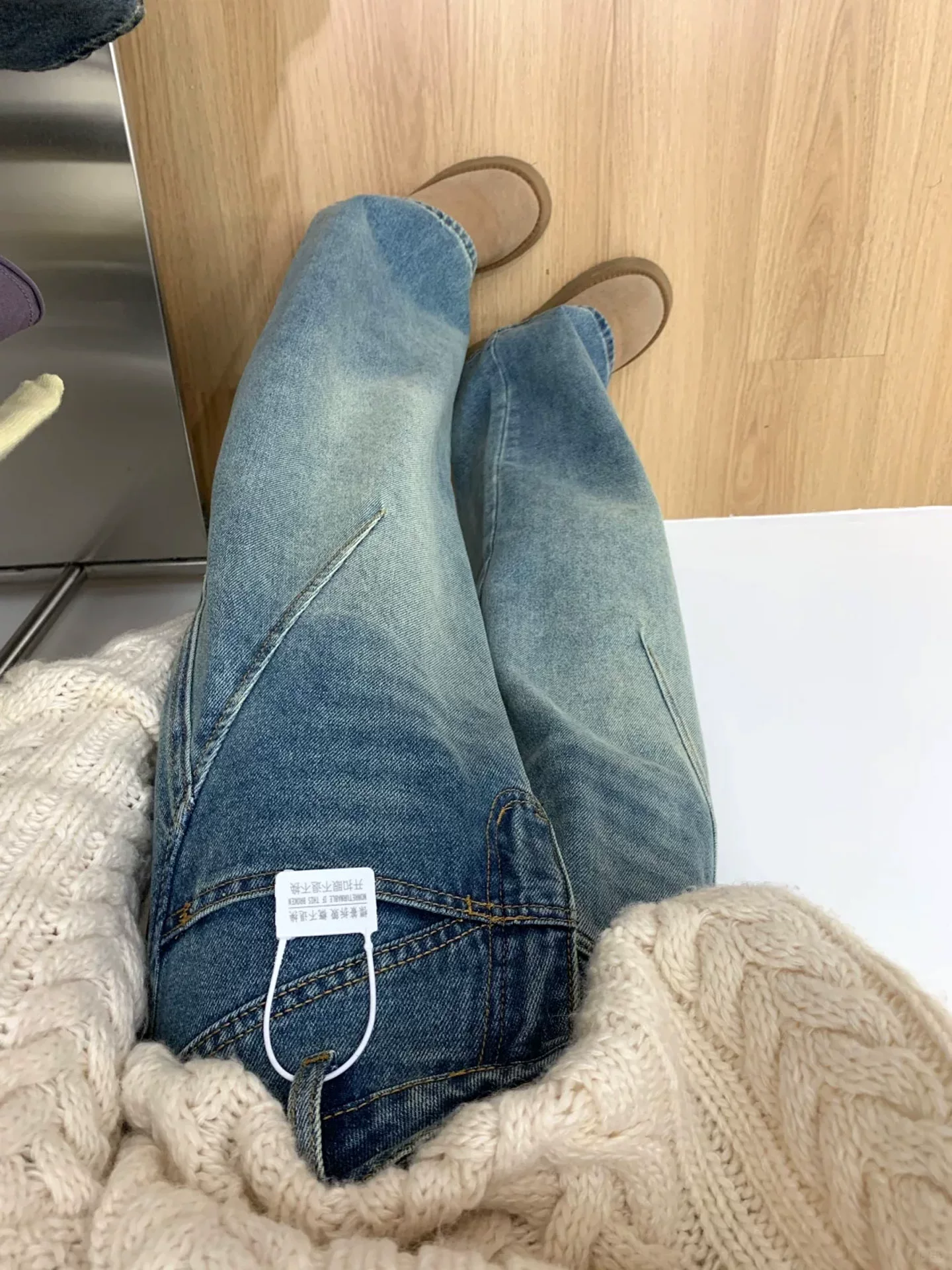 Quần jean viền cong dành cho nữ, phong cách mùa thu mới, cỡ lớn, lưng cao, dáng rộng, giảm béo, dáng quả lê, nhỏ nhắn, quần ống rộng