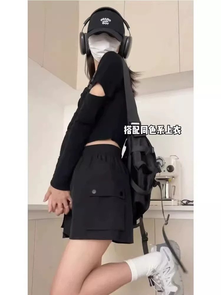 Váy ngắn công sở màu đen dành cho nữ, kiểu dáng mỏng mùa hè, cỡ lớn, lưng cao, che hông, giảm béo, nhỏ nhắn, váy chữ A có dây rút.