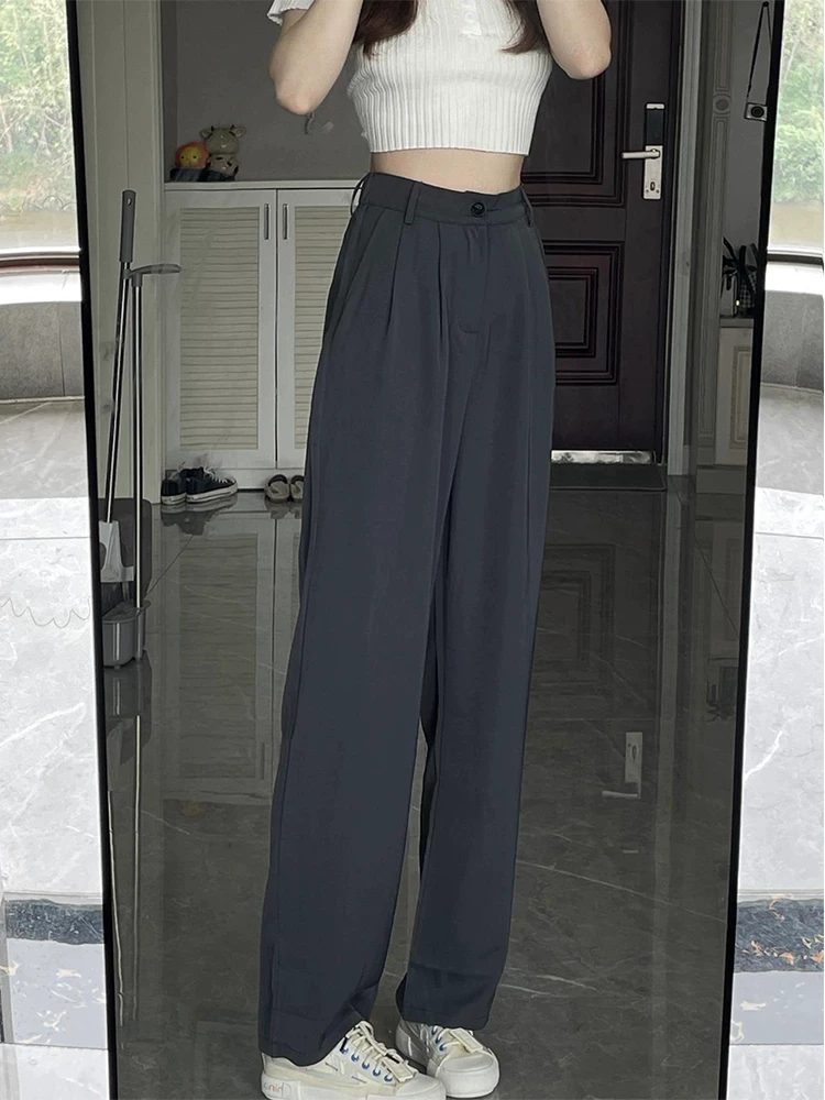 Quần ống rộng dáng quả lê dành cho nữ, phong cách đầu thu, dáng hơi mũm mĩm, cảm giác cao cấp, mềm mại, lưng cao, quần kiểu dáng thon gọn