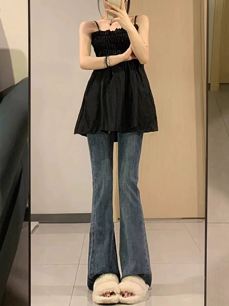 Quần jean ống loe màu xanh cổ điển dành cho nữ, phong cách mới đầu thu, cỡ lớn, lưng cao, co giãn, quần ống loe thon gọn.