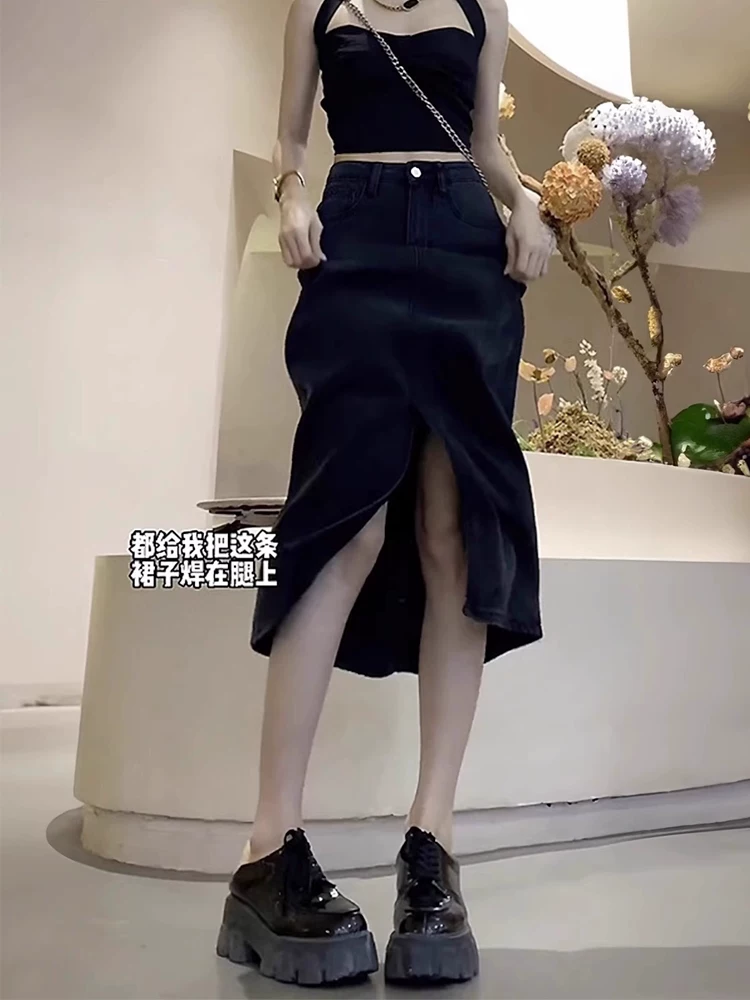 Váy Tencel xẻ tà hình quả lê dành cho nữ, kiểu dáng mỏng mùa hè, cỡ lớn, lưng cao, váy chữ A denim thon gọn.