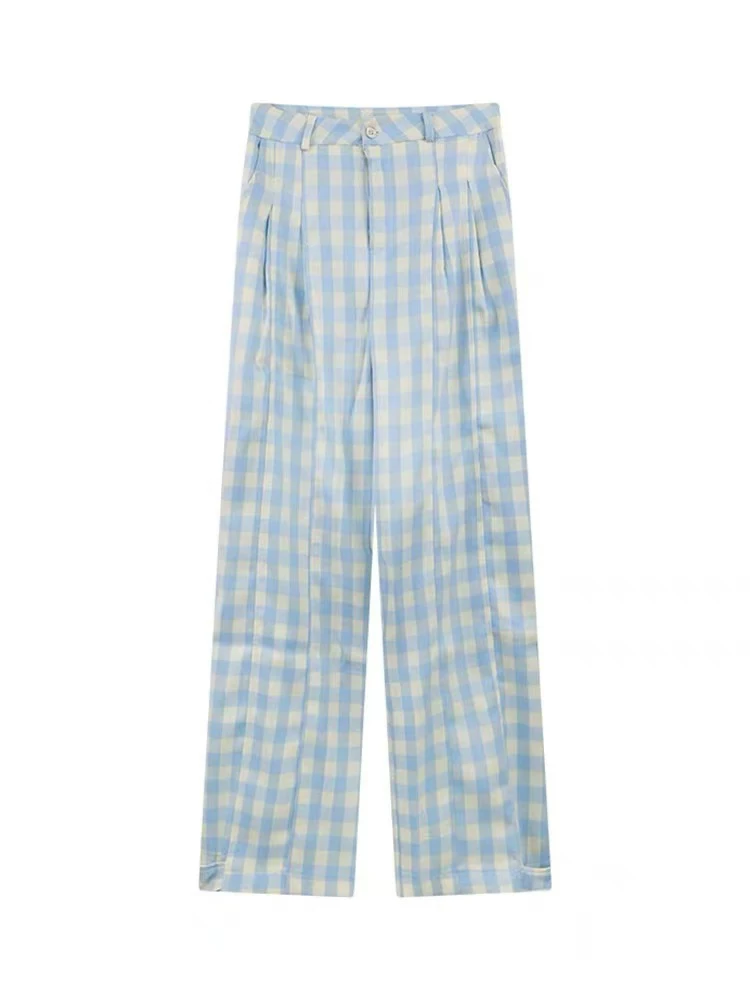 Quần kẻ xanh nữ mùa hè 2025 kiểu mới, size lớn, cạp cao, dáng rộng, tôn dáng, thẳng, chất liệu kaki, phong cách thường ngày