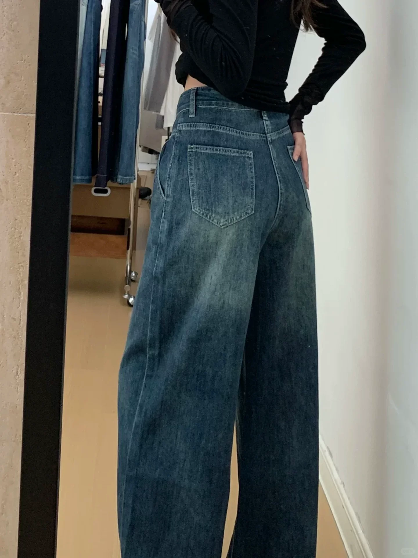Quần jean ống rộng lưng cao màu xanh cổ điển dành cho nữ, mùa thu đông, cỡ lớn, lót lông cừu, dày dặn, rộng rãi, tôn dáng, ống thẳng, dài chạm sàn.